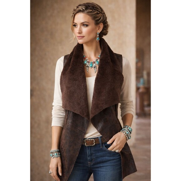 Karen Kane Brown Faux Fur & Faux Leather Open Front Vest Size Small NWT $148 - Picture 1 of 8